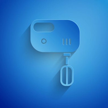 Kağıt kesimi elektrik karıştırıcı simgesi mavi arkaplanda izole edildi. Mutfak blenderi. Kağıt sanatı tarzı. Vektör İllüstrasyonu