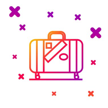 Seyahat için renkli bavul ve beyaz arkaplanda izole edilmiş çıkartma simgesi. Seyahat bagaj tabelası. Seyahat bagaj ikonu. Kademeli rastgele dinamik şekiller. Vektör İllüstrasyonu