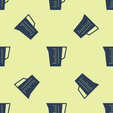 Kuru ve sıvı yiyecek ikonunu ölçmek için mavi ölçü kabı sarı zemin üzerinde izole edilmiş pürüzsüz desen. Plastik şişenin sapı var. Vektör İllüstrasyonu