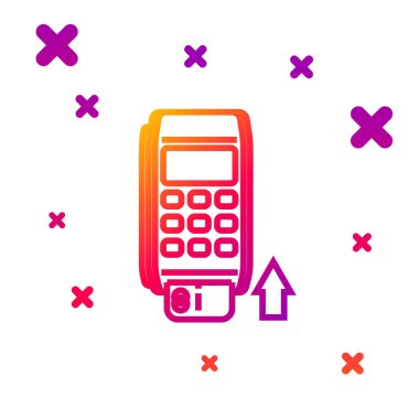 Beyaz arkaplanda izole edilmiş eklenmiş kredi kartı simgesine sahip renkli Pos terminali. Ödeme terminali işlemi. Kartla öde. Kademeli rastgele dinamik şekiller. Vektör İllüstrasyonu