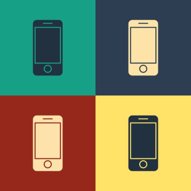 Uygulama dağıtım ikonu olan renkli mobil akıllı telefon renk arkaplanında izole edildi. Paket takibi. Klasik tarzda çizim. Vektör İllüstrasyonu
