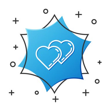 Beyaz çizgi İki Bağlı Kalpler simgesi beyaz arkaplanda izole edildi. Romantik sembol, bağlanma, tutku ve düğün. Sevgililer Günü sembolü. Mavi altıgen düğmesi. Vektör İllüstrasyonu