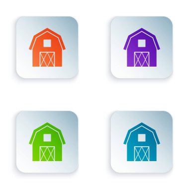 Beyaz arka planda izole renk Farm House kavramı simgesi. Rustik çiftlik peyzaj. Renkli kare düğmeleri simgeleri ayarlayın. Vektör Illustration