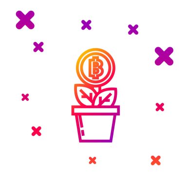 Çömlek simgesindeki Bitcoin bitkisi rengi beyaz arkaplanda izole edilmiş. Yatırım artışı. Engelleme teknolojisi, kripto para madenciliği. Kademeli rastgele dinamik şekiller. Vektör İllüstrasyonu