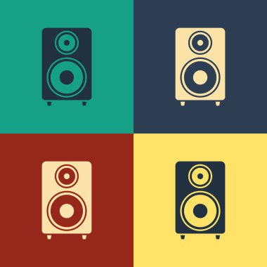 Renkli Stereo hoparlörü simgesi renk arkaplanında izole edildi. Ses sistemi hoparlörleri. Müzik ikonu. Müzikal sütun hoparlörü. Klasik tarzda çizim. Vektör İllüstrasyonu