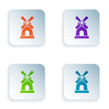 Beyaz arka planda yalıtılmış renk Yel Değirmeni simgesi. Simgeleri renkli kare düğmelere ayarlayın. Vektör İllüstrasyonu