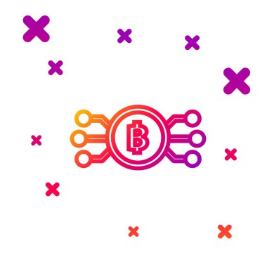 Beyaz arkaplanda izole edilmiş mikroçip devre ikonu ile daire içinde kripto para birimi bitcoin çizgisi. Engelleme teknolojisi, dijital para piyasası. Kademeli rastgele dinamik şekiller. Vektör İllüstrasyonu