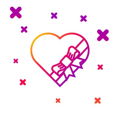 Renk çizgisi Candy kalp şeklinde kutuda ve yay simgesi beyaz arka planda izole edilmiş. Sevgililer Günü. Kademeli rastgele dinamik şekiller. Vektör İllüstrasyonu