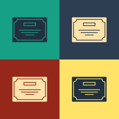 Renk arkaplanındaki renk sertifikası şablonu simgesi izole edildi. Başarı, ödül, diploma, burs, diploma. İş başarısı sertifikası Klasik tarzda çizim. Vektör İllüstrasyonu