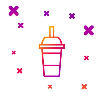 Beyaz zemin üzerinde saman ve su ikonu olan renkli kağıt bardak. Soda bardağı. Taze soğuk içecek sembolü. Kademeli rastgele dinamik şekiller. Vektör İllüstrasyonu