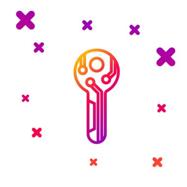 Renk çizgisi Şifreleme anahtarı simgesi beyaz arkaplanda izole edildi. Siber güvenlik kavramı ya da özel anahtar, teknolojik arayüzlü dijital anahtar. Kademeli rastgele dinamik şekiller. Vektör İllüstrasyonu