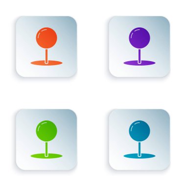 Beyaz arka planda izole renkli Push pin simgesi. Parmak izleri işareti. Renkli kare düğmeleri simgeleri ayarlayın. Vektör Illustration