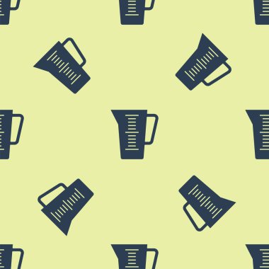 Kuru ve sıvı yiyecek ikonunu ölçmek için mavi ölçü kabı sarı zemin üzerinde izole edilmiş pürüzsüz desen. Plastik şişenin sapı var. Vektör İllüstrasyonu