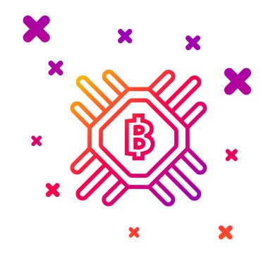 Renk çizgisi Cpu maden çiftliği simgesi beyaz arka planda izole edildi. İşlemcinin içinde bitcoin işareti. Kripto para madenciliği topluluğu. Dijital para. Kademeli rastgele dinamik şekiller. Vektör İllüstrasyonu