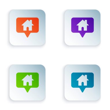 Beyaz arkaplanda ev simgesi izole edilmiş renk haritası işaretçisi. Ev konumu belirleyici sembol. Renkli kare düğmelere simgeleri yerleştir. Vektör İllüstrasyonu