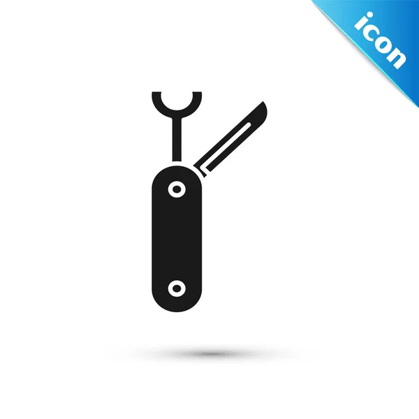 Czarny szwajcarski nóż armii ikona na białym tle. Multi-Tool, uniwersalny nóż. Wielofunkcyjne narzędzie. Ilustracja wektorowa — Wektor stockowy