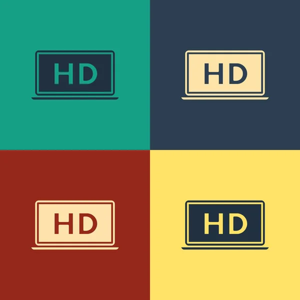 カラー背景に隔離されたHdビデオ技術アイコンとカラーラップトップ画面。ヴィンテージスタイルのドローイング。ベクターイラスト — ストックベクタ