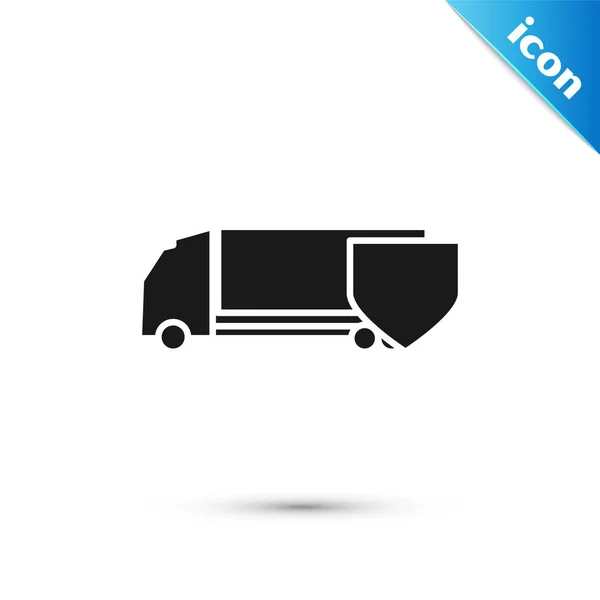 Zwarte lading vrachtwagen met schild pictogram geïsoleerd op witte achtergrond. Verzekeringsconcept. Beveiliging, veiligheid, bescherming, bescherming concept. Vector Illustratie — Stockvector