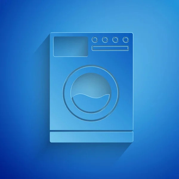 Papier gesneden Wasmachine pictogram geïsoleerd op blauwe achtergrond. Wasmachine icoon. Wasmachine - wasmachine. Huishoudapparaat symbool. Papierkunst stijl. Vector Illustratie — Stockvector