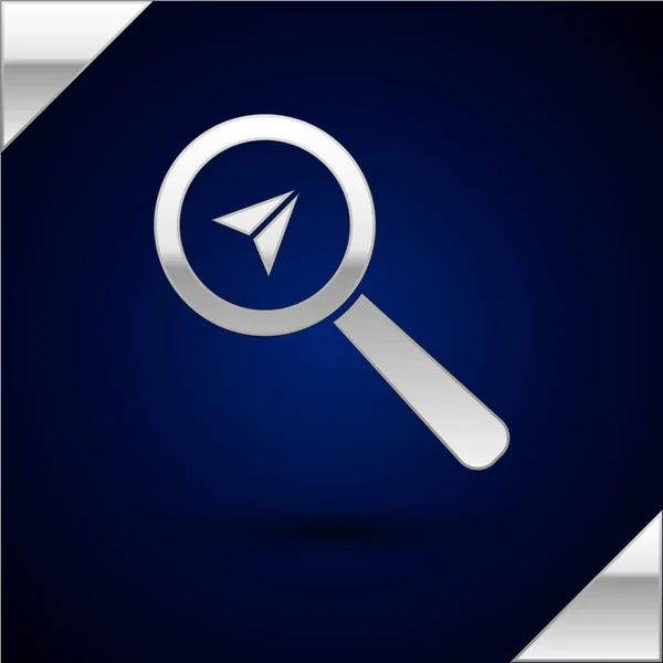 Silver Search location icon isolated on dark blue background. Magnifying glass with pointer sign. Vector Illustration — Stock Vector