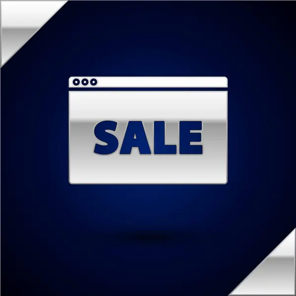 Silbernes Hängeschild mit Text Online-Verkauf Symbol isoliert auf dunkelblauem Hintergrund. Schild mit Textverkauf. Vektorillustration — Stockvektor