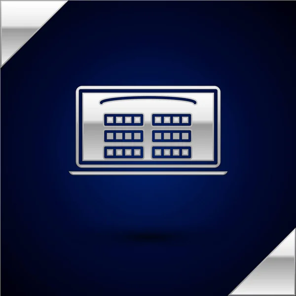 Argent Acheter billet de cinéma icône en ligne isolé sur fond bleu foncé. Concept de service. Illustration vectorielle — Image vectorielle