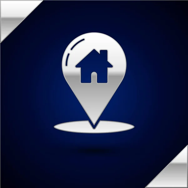 Pointeur Silver Map avec icône de la maison isolée sur fond bleu foncé. Marqueur de localisation de la maison symbole. Illustration vectorielle — Image vectorielle