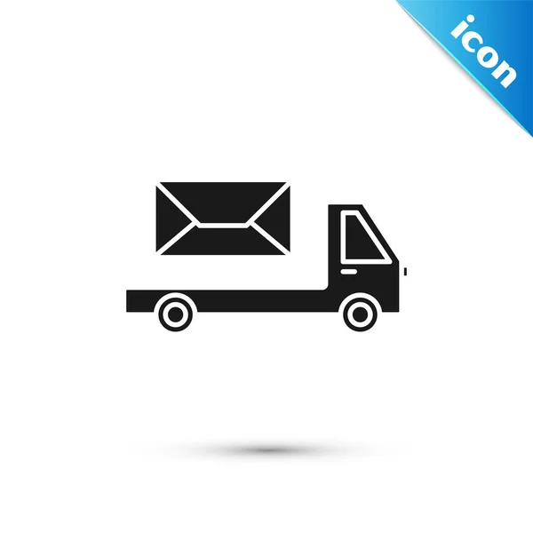 Ícone de caminhão Black Post isolado no fundo branco. Carro do correio. Transporte de caminhões de veículos com envelope ou carta. Ilustração vetorial — Vetor de Stock