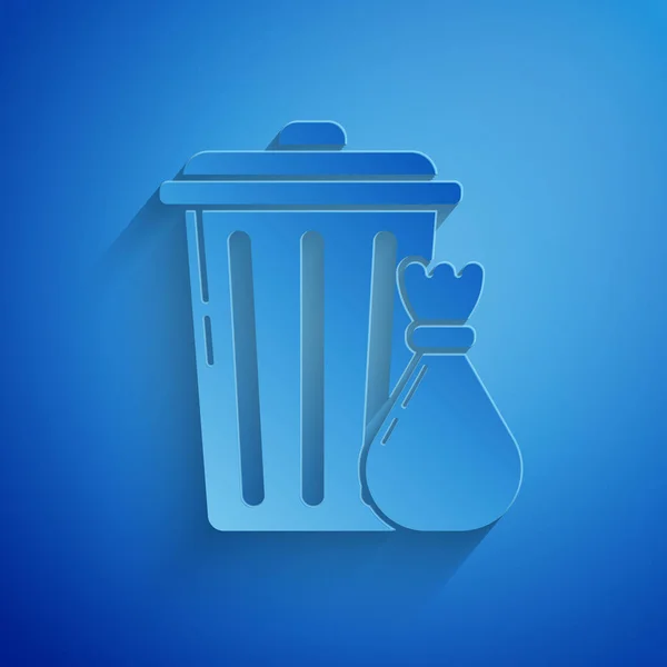 紙切りゴミ缶とゴミ袋のアイコンは青の背景に隔離されています。ゴミのゴミ箱の看板。リサイクルバスケットのアイコン。オフィスのゴミアイコン。紙のアートスタイル。ベクターイラスト — ストックベクタ
