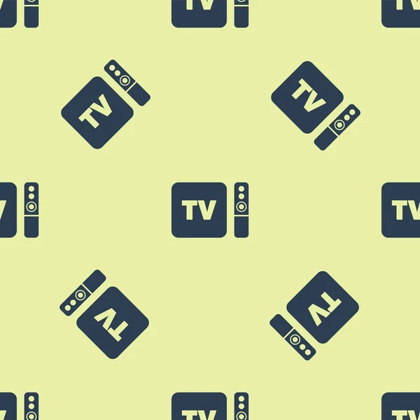 Receptor e leitor de caixa de TV e multimídia azul com ícone de controlador remoto isolado padrão sem costura no fundo amarelo. Ilustração vetorial —  Vetores de Stock