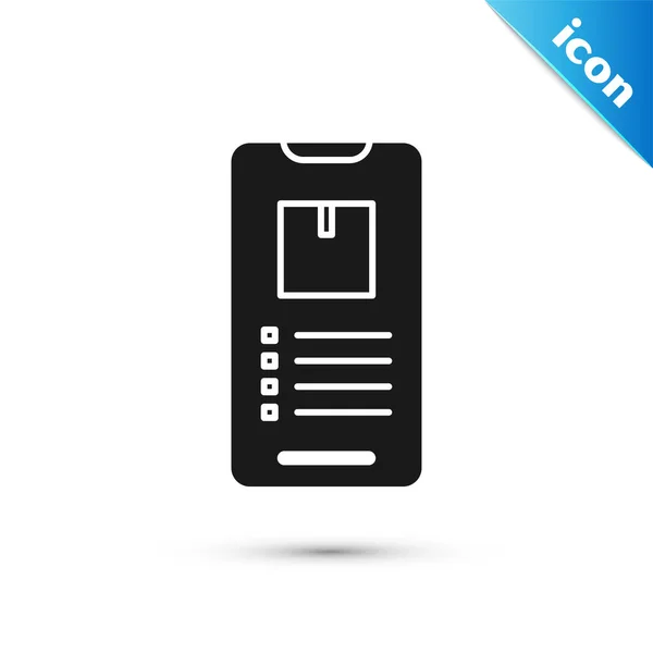 Teléfono inteligente Black Mobile con icono de seguimiento de entrega de aplicaciones aislado sobre fondo blanco. Seguimiento de paquetes. Ilustración vectorial — Vector de stock