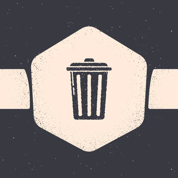 Grunge Trash can icon isolated on grey background. Garbage bin sign. Recycle basket icon. Office trash icon. Monochrome vintage drawing. Vector Illustration