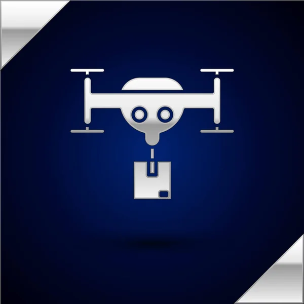 Silver Delivery drone with the package icon isolated on dark blue background. Drone delivering cardboard box. Vector Illustration — Stock Vector