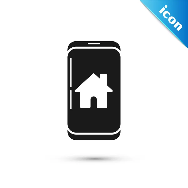 Teléfono móvil negro con icono de la casa inteligente aislado sobre fondo blanco. Control remoto. Ilustración vectorial — Vector de stock