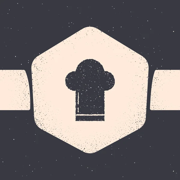 Grunge Klobouk ikona izolované na šedém pozadí. Symbol vaření. Kuchařská čepice. Černobílý vinobraní. Vektorová ilustrace — Stockový vektor