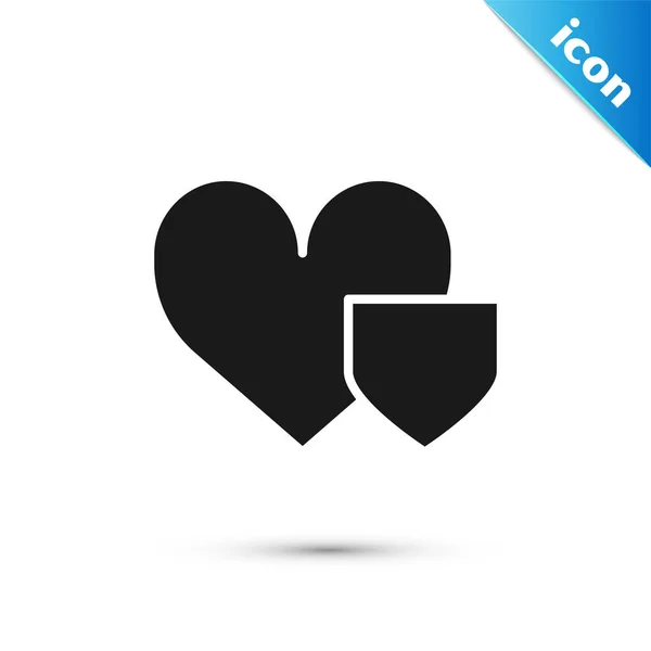 Corazón negro con icono de escudo aislado sobre fondo blanco. Símbolo de amor. Concepto de seguro. Seguridad, seguridad, protección, concepto de protección. Ilustración vectorial — Vector de stock