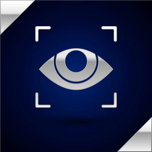 Icône Silver Eye scan isolée sur fond bleu foncé. Un oeil qui scanne. Symbole de sécurité. Cyber eye sign. Illustration vectorielle — Image vectorielle