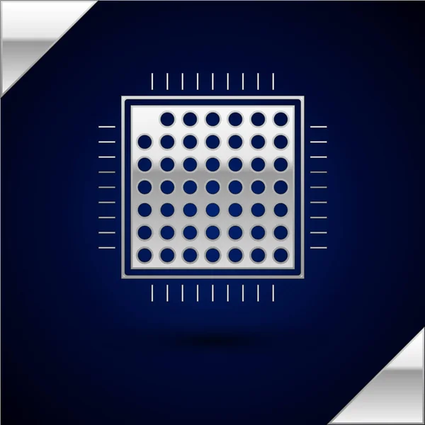 Ícone do processador de prata isolado no fundo azul escuro. CPU, unidade de processamento central, microchip, microcircuito, processador de computador, chip. Ilustração vetorial —  Vetores de Stock