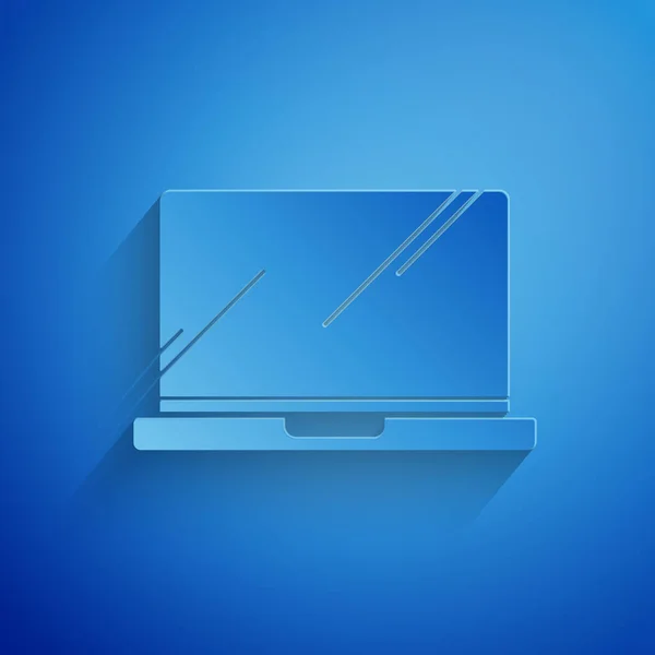 Papier wyciąć ikonę Laptop izolowane na niebieskim tle. Notatnik z pustym znakiem ekranu. Papier w stylu sztuki. Ilustracja wektora — Wektor stockowy