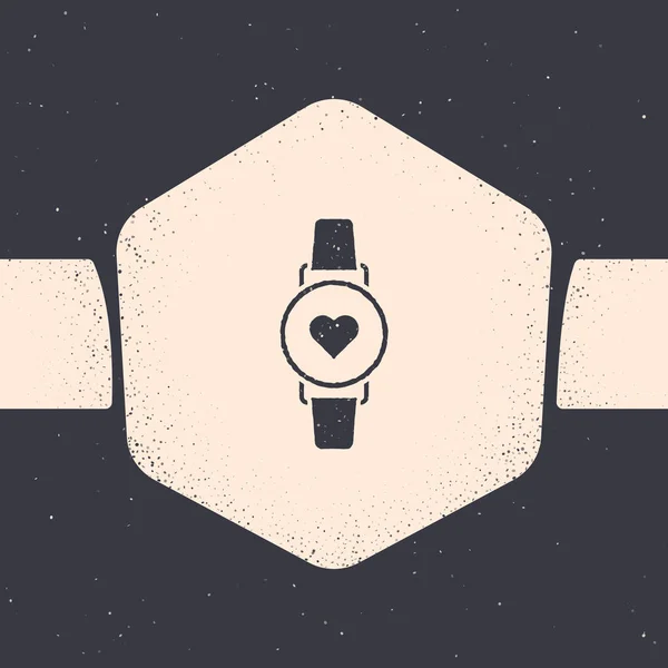Grunge Relógio inteligente mostrando ícone de ritmo cardíaco isolado em fundo cinza. Conceito de Fitness App. Desenho vintage monocromático. Ilustração vetorial —  Vetores de Stock
