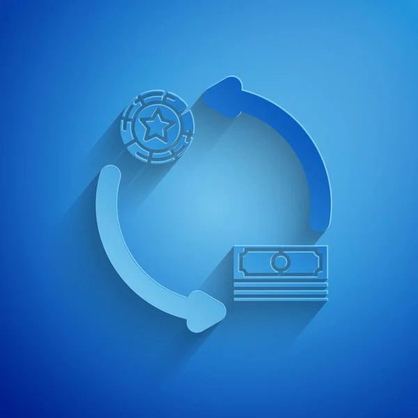 Papel corte Casino fichas de intercambio en pilas de dólares icono aislado sobre fondo azul. Estilo de arte de papel. Ilustración vectorial — Vector de stock