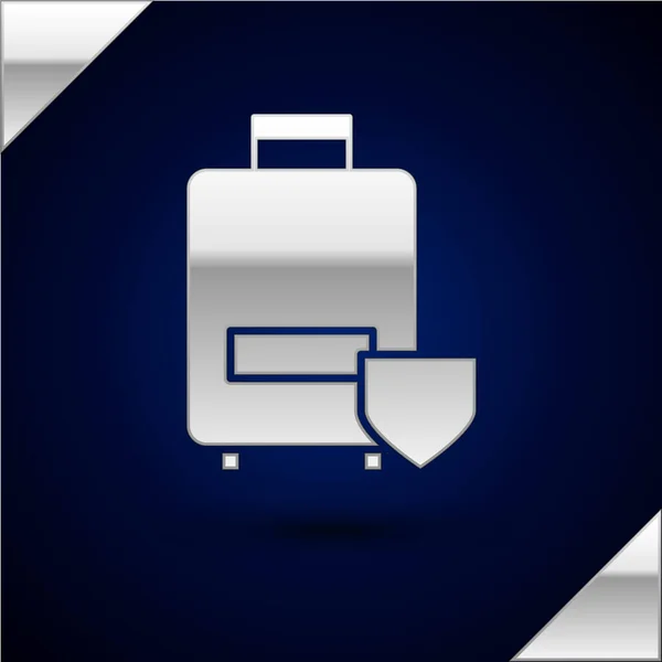 Silbernes Reisekoffer-Symbol isoliert auf dunkelblauem Hintergrund. Reisegepäckversicherung. Sicherheit, Sicherheit, Schutz, Schutzkonzept. Vektorillustration — Stockvektor