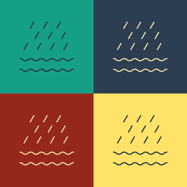 Color Rain and waves icon isolated on color background. Rain cloud precipitation with rain drops. Vintage style drawing. Vector Illustration