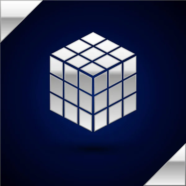 Icono de cubo Rubik plateado aislado sobre fondo azul oscuro. Juguete mecánico del rompecabezas. Cubo de Rubik 3d rompecabezas de combinación. Ilustración vectorial — Archivo Imágenes Vectoriales