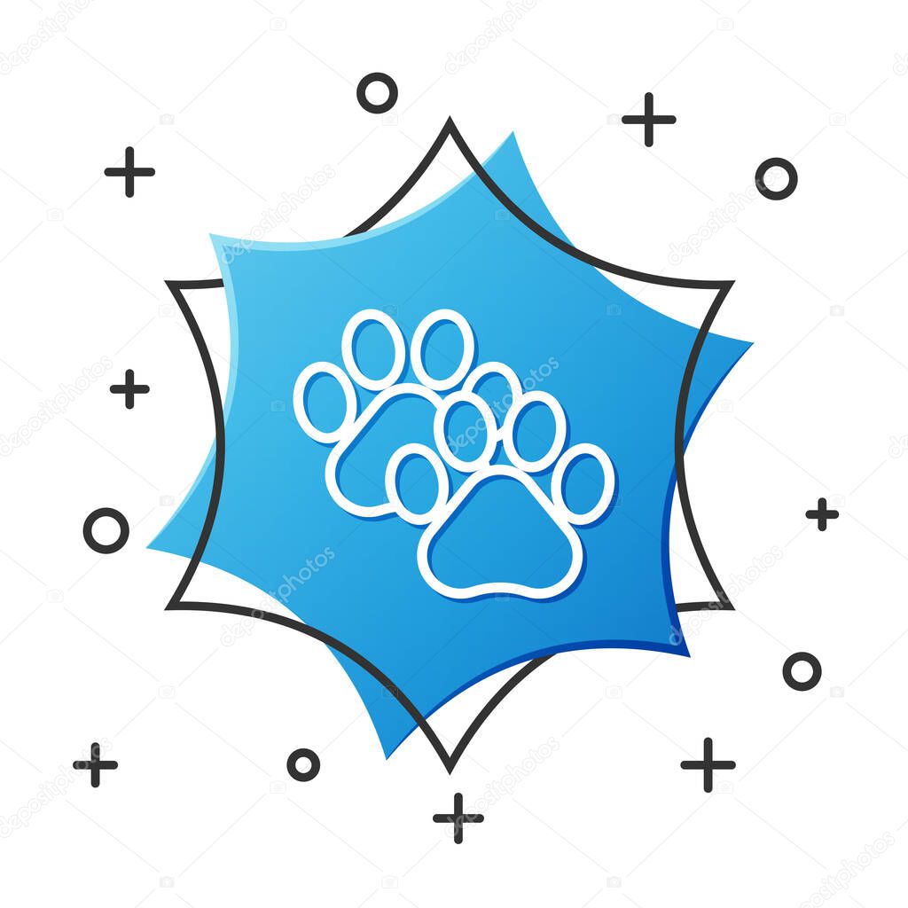 White line Paw print icon isolated on white background. Dog or cat paw print. Animal track. Blue hexagon button. Vector Illustration