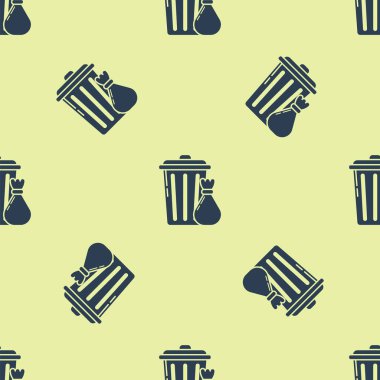 Mavi çöp tenekesi ve çöp torbası ikonu sarı arka planda izole edilmiş pürüzsüz desen. Çöp kutusu tabelası. Sepet simgesini geri dönüştür. Ofis çöpü ikonu. Vektör İllüstrasyonu