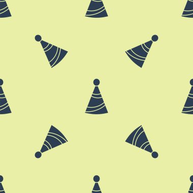 Mavi Parti şapka ikonu sarı arka planda kusursuz desen izole etti. Doğum günü şapkası. Vektör İllüstrasyonu