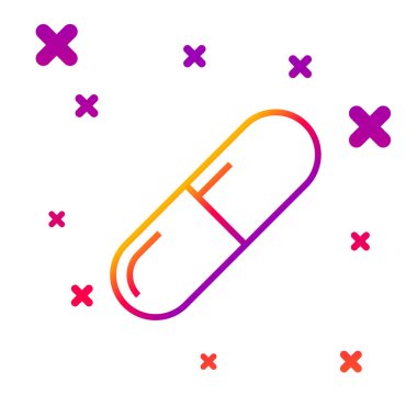 Beyaz arkaplanda izole edilmiş renkli ilaç veya tablet ikonu. Kapsül hapı ve uyuşturucu işareti. Eczane tasarımı. Kademeli rastgele dinamik şekiller. Vektör İllüstrasyonu