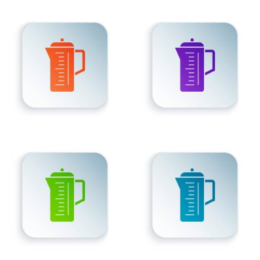 Renkli Çaydanlık simgesi beyaz arkaplanda izole edildi. Renkli kare düğmelere simgeleri yerleştir. Vektör İllüstrasyonu