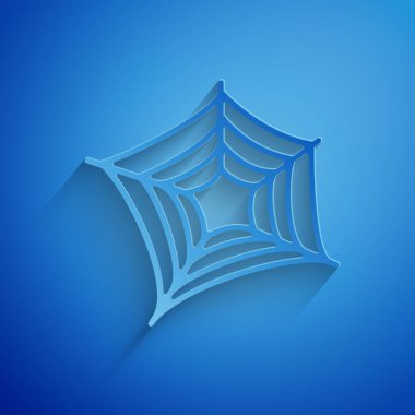 Kağıt kesiği Örümcek Ağı simgesi mavi arkaplanda izole edilmiş. Örümcek ağı işareti. Mutlu Cadılar Bayramı Partisi. Kağıt sanatı tarzı. Vektör İllüstrasyonu